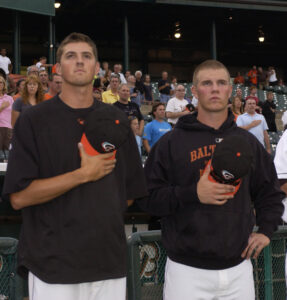 Gausman and Bundy before a Baysox game during national anthem