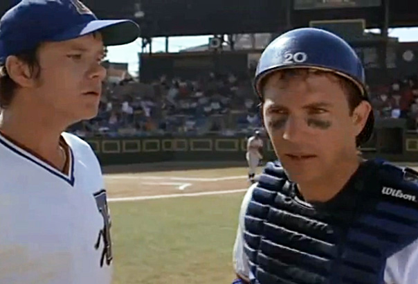 scene from movie of baseball player talking to catcher
