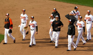 orioles players in bullpen walking together