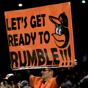 fan in stands holding large orioles sign