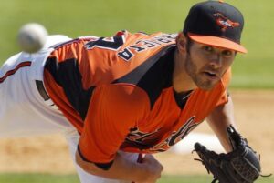 pitcher for orioles hunched over after throwing pitch