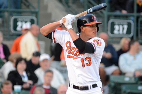 oriole player up to bat waiting for pitch crowd behind in stands