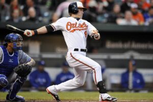 orioles player holding bat behind him after hittting ball