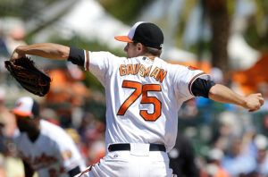 back view of orioles pitcher with arm back before throwing pitch