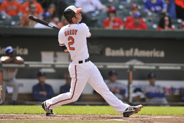 baltimore orioles player hardy hitting homerun looking up