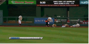 screenshot on tv of presidents face on orioles players on field