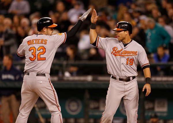 orioles players giving high five