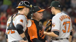 two oriole team members huddled with manager talking