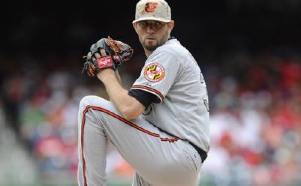 pitcher for orioles wound up before pitch wearing camouflage hat