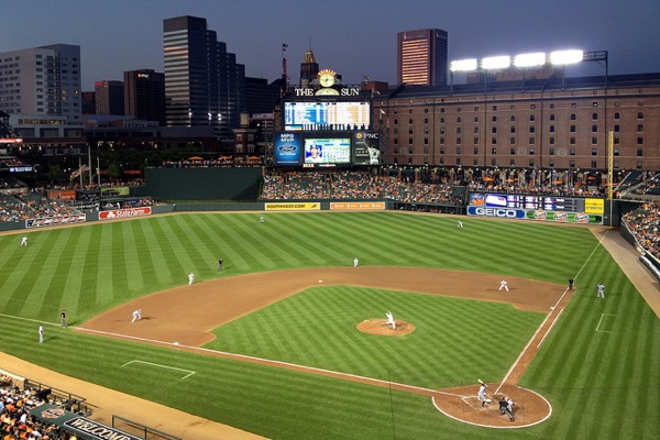 view of camden yards field during baseball game from upper level