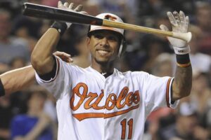 robert andino lets his bat drop.