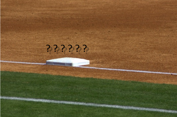 baseball base with question marks above it