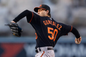 orioles gonzalez in black jersey before throwing pitch