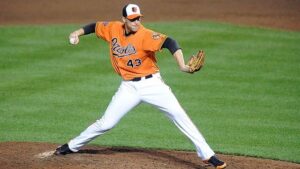 pitcher on mound for baltimore orioles mid pitch