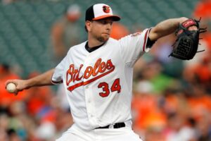 orioles pitcher with glove and arm back holding baseball