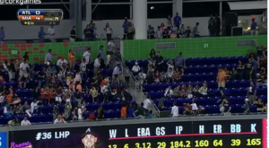 fans at atlanta miami baseball game trying to catch baseball