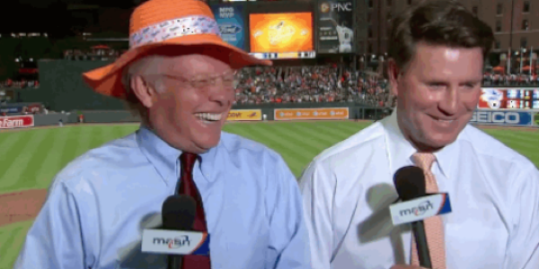 Gary Thorne and Jim Palmer in the O's booth, Gary wearing a mother's day giveaway hat.
