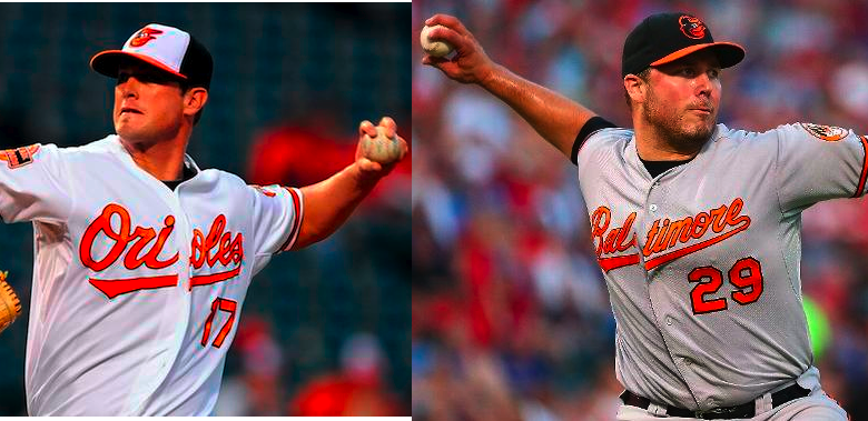 two photos of orioles pitchers about to throw balls