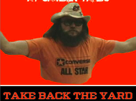 picture of guy with arms out wearing orioles straw hat