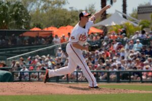 orioles player britton on pitchers mound after just throwing pitch