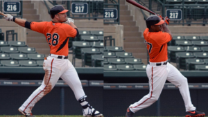two photos of orioles players batting