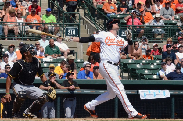 orioles player with bat behind body looking up for ball