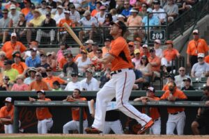 baseball player looking up after hitting ball at home plate