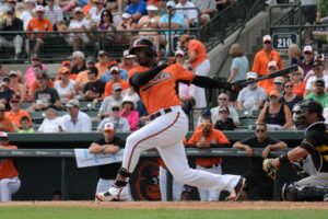 orioles player at home plate after just batting