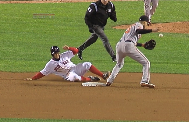 player sliding into base while orioles try to catch ball