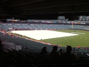 distant view from stadium seats of camden yards at night