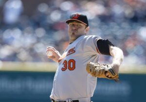 pitcher for baltimore orioles with arm back before throwing ball