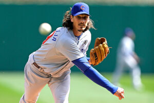 view of ball coming towards you with pitcher behind it