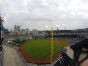 downtown city view and baseball diamond from upper level