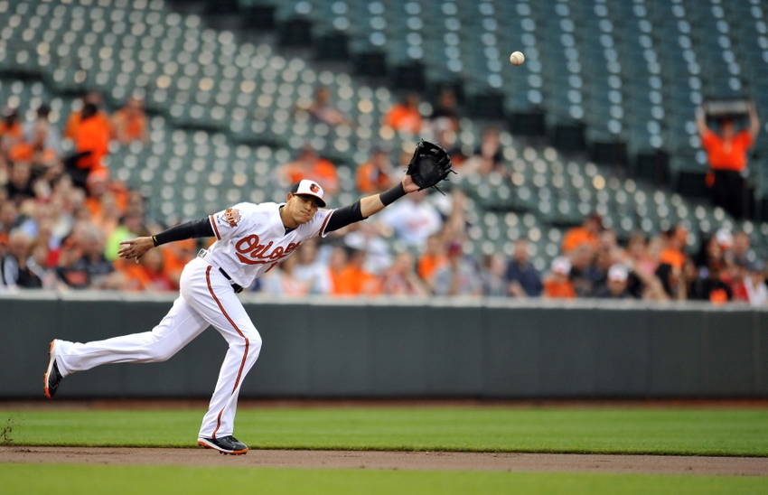 orioles baseball player with arm extended about to catch ball
