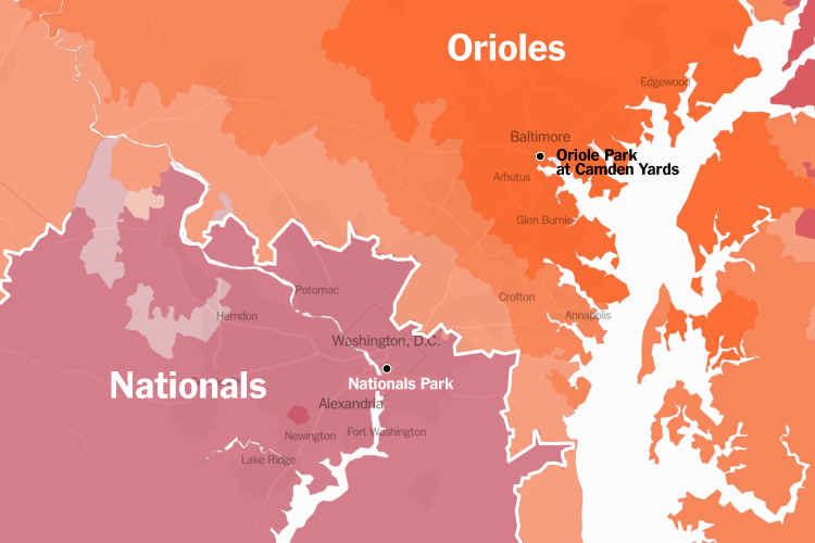 map showing nationals park and orioles camden yards