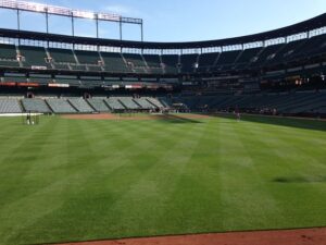 back view of field facing stands with only few people standing