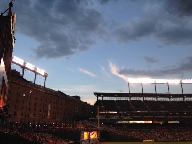 camden yards at night with dusk sky view