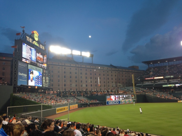 outfield at night with scoreboard at orioles stadium