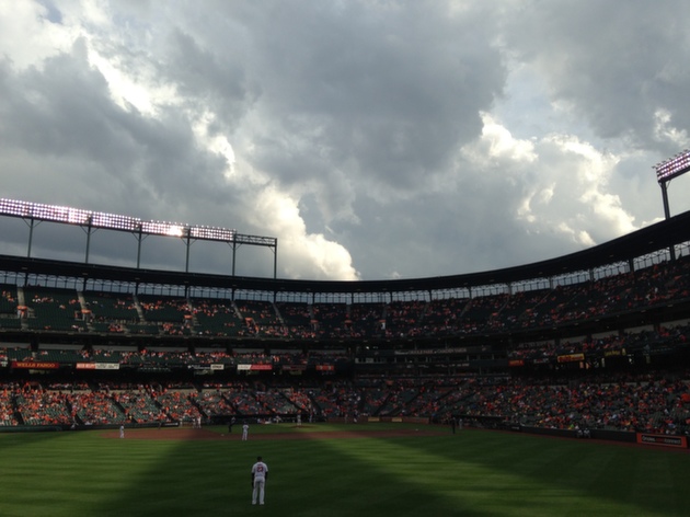 view of outfield during orioles game with clusters of clouds overhead