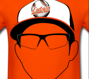 orange shirt with blank face wearing glasses and eutaw hat