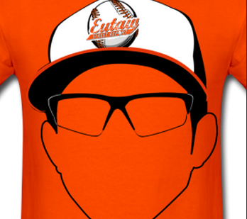 orange shirt with blank face wearing glasses and eutaw hat