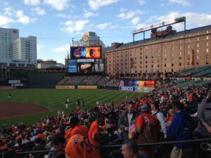 fans in stands at baseball game with view of brick building