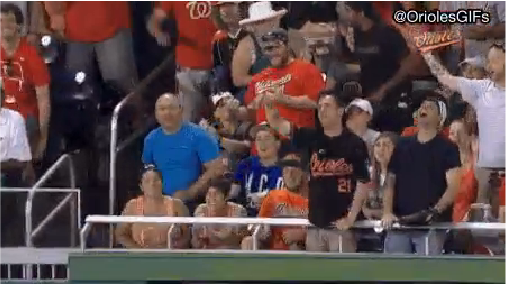 group on fans in stands cheering at orioles game