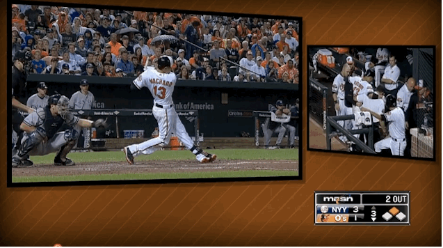 two tv screens showing orioles player machado up to bat