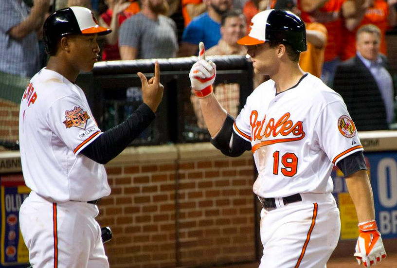 two orioles players facing each other with pointer fingers up
