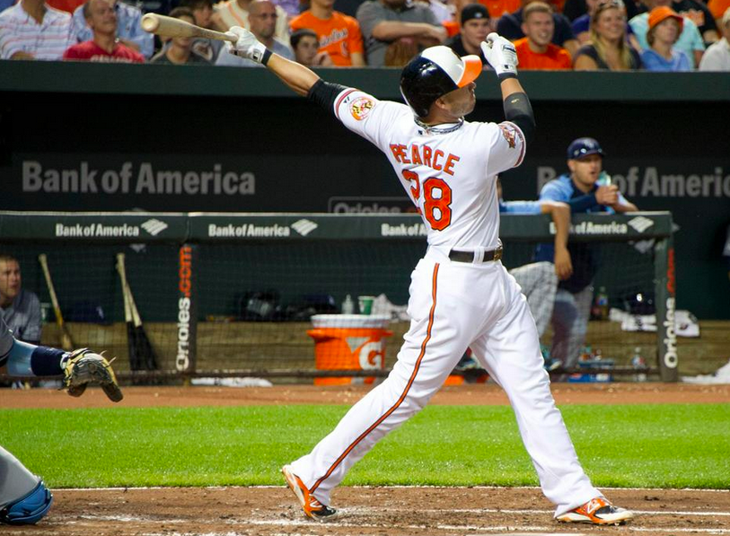 steve pearce after just hitting homerum at plate bat behind head