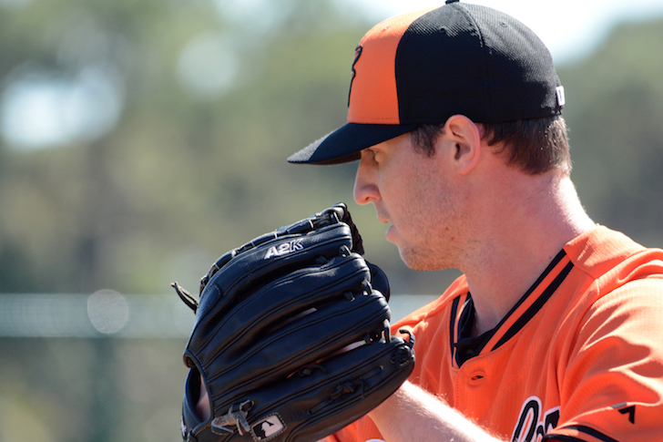 side profile of orioles player britton holding glove by face before pitch