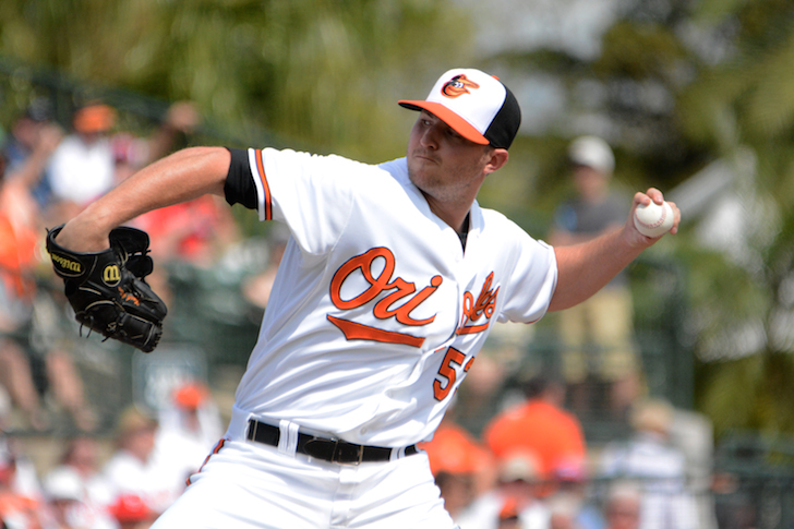 orioles pitcher with arm back and about to throw ball