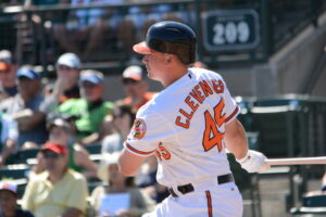 Steve Clevenger of the Baltimore Orioles swings in Spring Training 2015.