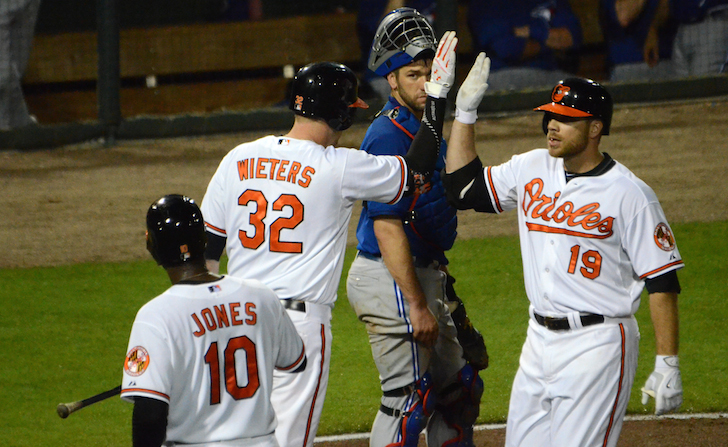 orioles davis and wieters giving high five with jones and catcher